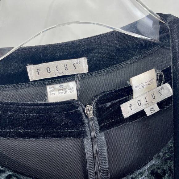 90s FOCUS Vintage Black Velvet Jacket Dress Set with Shoulder Pads - Picture 6 of 14